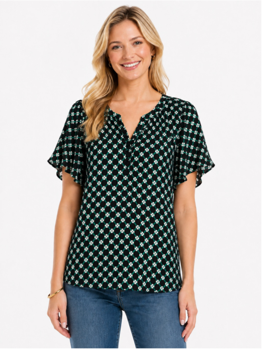 Express Blouse Size S Black Green Clover Print Flutter Sleeve Top